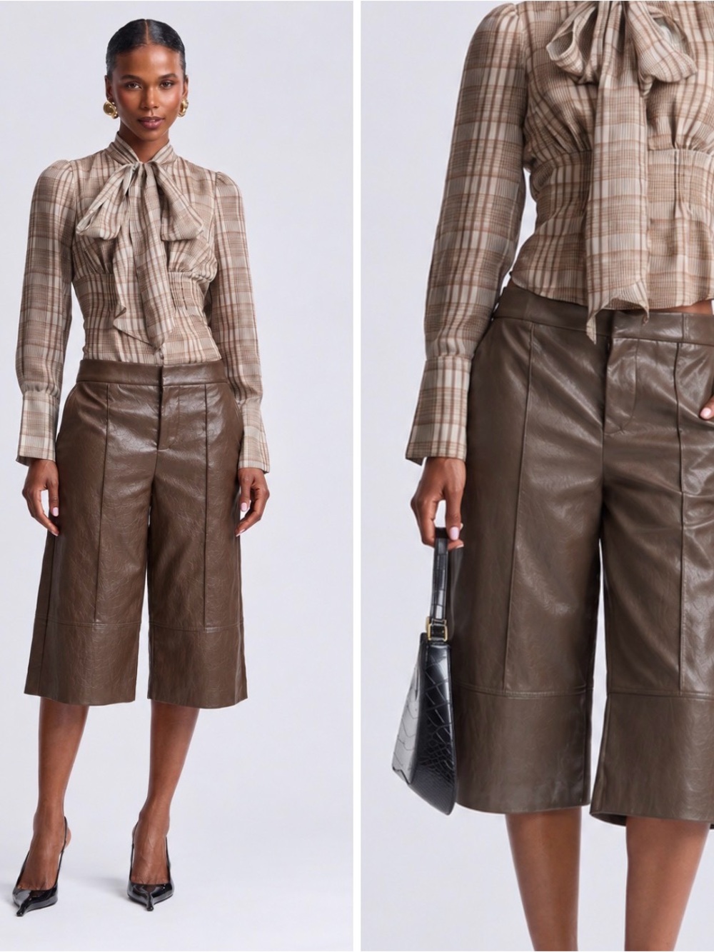 Plaid Bow-Tie Blouse with Brown Leather Culottes